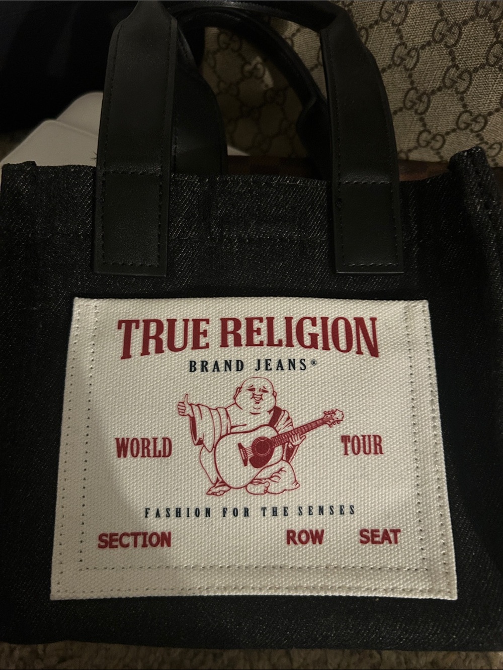 True Religion Black Denim Tote with White and Red Logo Patch